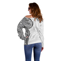 Hawaiian Traditional Tattoos Off Shoulder Sweater Kakau Tribal Tropical Plant Motif White Color LT03 - Polynesian Pride