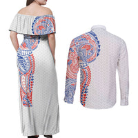 Hawaiian Traditional Tattoos Couples Matching Off Shoulder Maxi Dress and Long Sleeve Button Shirt Kakau Tribal Tropical Plant Motif Hawaii Flag Color Inspired LT03 - Polynesian Pride