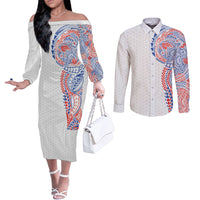 Hawaiian Traditional Tattoos Couples Matching Off The Shoulder Long Sleeve Dress and Long Sleeve Button Shirt Kakau Tribal Tropical Plant Motif Hawaii Flag Color Inspired LT03 Multicolor - Polynesian Pride