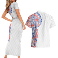 Hawaiian Traditional Tattoos Couples Matching Short Sleeve Bodycon Dress and Hawaiian Shirt Kakau Tribal Tropical Plant Motif Hawaii Flag Color Inspired LT03 - Polynesian Pride
