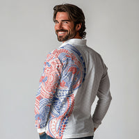 Hawaiian Traditional Tattoos Long Sleeve Polo Shirt Kakau Tribal Tropical Plant Motif Hawaii Flag Color Inspired LT03 - Polynesian Pride