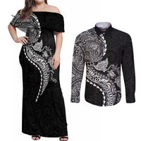 Hawaiian Kakau Tribal Sea Animals Tattoos Couples Matching Off Shoulder Maxi Dress and Long Sleeve Button Shirt Black Color LT03 Black - Polynesian Pride