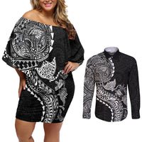 Hawaiian Kakau Tribal Sea Animals Tattoos Couples Matching Off Shoulder Short Dress and Long Sleeve Button Shirt Black Color LT03 Black - Polynesian Pride
