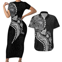 Hawaiian Kakau Tribal Sea Animals Tattoos Couples Matching Short Sleeve Bodycon Dress and Hawaiian Shirt Black Color LT03 Black - Polynesian Pride