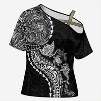 Hawaiian Kakau Tribal Sea Animals Tattoos Cross Shoulder Shirt Black Color LT03 Female Black - Polynesian Pride