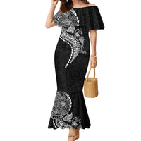 Hawaiian Kakau Tribal Sea Animals Tattoos Family Matching Mermaid Dress and Hawaiian Shirt Black Color LT03 Mom's Dress Black - Polynesian Pride