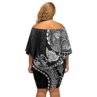 Hawaiian Kakau Tribal Sea Animals Tattoos Family Matching Off Shoulder Short Dress and Hawaiian Shirt Black Color LT03 - Polynesian Pride