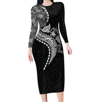 Hawaiian Kakau Tribal Sea Animals Tattoos Long Sleeve Bodycon Dress Black Color LT03 Long Dress Black - Polynesian Pride