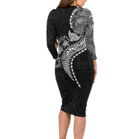 Hawaiian Kakau Tribal Sea Animals Tattoos Long Sleeve Bodycon Dress Black Color LT03 - Polynesian Pride