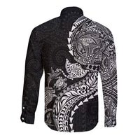 Hawaiian Kakau Tribal Sea Animals Tattoos Long Sleeve Button Shirt Black Color