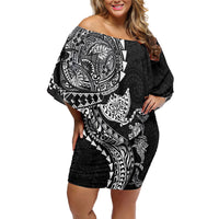 Hawaiian Kakau Tribal Sea Animals Tattoos Off Shoulder Short Dress Black Color LT03 Women Black - Polynesian Pride