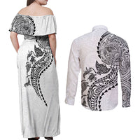Hawaiian Kakau Tribal Sea Animals Tattoos Couples Matching Off Shoulder Maxi Dress and Long Sleeve Button Shirt White Color LT03 - Polynesian Pride