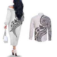 Hawaiian Kakau Tribal Sea Animals Tattoos Couples Matching Off The Shoulder Long Sleeve Dress and Long Sleeve Button Shirt White Color LT03 - Polynesian Pride