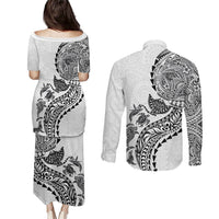 Hawaiian Kakau Tribal Sea Animals Tattoos Couples Matching Puletasi and Long Sleeve Button Shirt White Color LT03 - Polynesian Pride