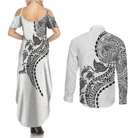 Hawaiian Kakau Tribal Sea Animals Tattoos Couples Matching Summer Maxi Dress and Long Sleeve Button Shirt White Color LT03 - Polynesian Pride