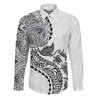 Hawaiian Kakau Tribal Sea Animals Tattoos Family Matching Off The Shoulder Long Sleeve Dress and Hawaiian Shirt White Color LT03 Dad's Shirt - Long Sleeve White - Polynesian Pride