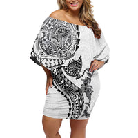 Hawaiian Kakau Tribal Sea Animals Tattoos Off Shoulder Short Dress White Color LT03 Women White - Polynesian Pride