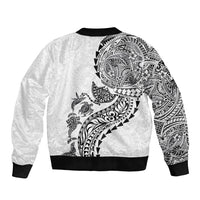 Hawaiian Kakau Tribal Sea Animals Tattoos Sleeve Zip Bomber Jacket White Color