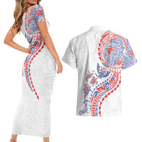 Hawaiian Kakau Tribal Sea Animals Tattoos Couples Matching Short Sleeve Bodycon Dress and Hawaiian Shirt Hawaii Flag Color Inspired LT03 - Polynesian Pride