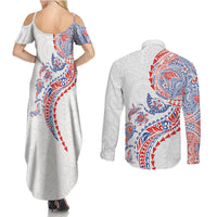Hawaiian Kakau Tribal Sea Animals Tattoos Couples Matching Summer Maxi Dress and Long Sleeve Button Shirt Hawaii Flag Color Inspired LT03 - Polynesian Pride