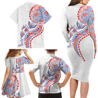 Hawaiian Kakau Tribal Sea Animals Tattoos Family Matching Long Sleeve Bodycon Dress and Hawaiian Shirt Hawaii Flag Color Inspired LT03 - Polynesian Pride