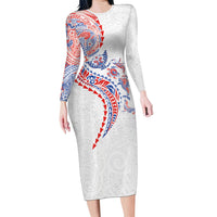 Hawaiian Kakau Tribal Sea Animals Tattoos Family Matching Long Sleeve Bodycon Dress and Hawaiian Shirt Hawaii Flag Color Inspired LT03 Mom's Dress Multicolor - Polynesian Pride