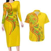 Hawaiian Kakau Tribal Sea Animals Tattoos Couples Matching Long Sleeve Bodycon Dress and Hawaiian Shirt Kanaka Maoli Flag Color Inspired LT03 Multicolor - Polynesian Pride