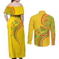 Hawaiian Kakau Tribal Sea Animals Tattoos Couples Matching Off Shoulder Maxi Dress and Long Sleeve Button Shirt Kanaka Maoli Flag Color Inspired LT03 - Polynesian Pride
