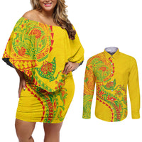 Hawaiian Kakau Tribal Sea Animals Tattoos Couples Matching Off Shoulder Short Dress and Long Sleeve Button Shirt Kanaka Maoli Flag Color Inspired LT03 Multicolor - Polynesian Pride