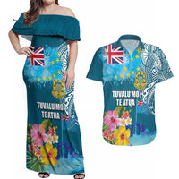 Personalised Tuvalu Independence Day Couples Matching Off Shoulder Maxi Dress and Hawaiian Shirt Tuvaluan Tribal Flag Style LT03 Turquoise - Polynesian Pride