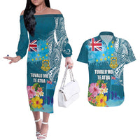 Personalised Tuvalu Independence Day Couples Matching Off The Shoulder Long Sleeve Dress and Hawaiian Shirt Tuvaluan Tribal Flag Style LT03 Turquoise - Polynesian Pride