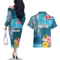 Personalised Tuvalu Independence Day Couples Matching Off The Shoulder Long Sleeve Dress and Hawaiian Shirt Tuvaluan Tribal Flag Style LT03 - Polynesian Pride
