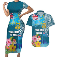 Personalised Tuvalu Independence Day Couples Matching Short Sleeve Bodycon Dress and Hawaiian Shirt Tuvaluan Tribal Flag Style LT03 Turquoise - Polynesian Pride