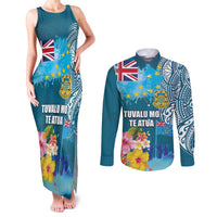 Personalised Tuvalu Independence Day Couples Matching Tank Maxi Dress and Long Sleeve Button Shirt Tuvaluan Tribal Flag Style LT03 Turquoise - Polynesian Pride