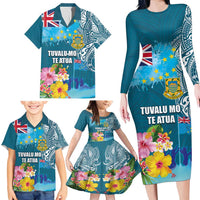 Personalised Tuvalu Independence Day Family Matching Long Sleeve Bodycon Dress and Hawaiian Shirt Tuvaluan Tribal Flag Style LT03 - Polynesian Pride