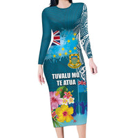 Personalised Tuvalu Independence Day Family Matching Long Sleeve Bodycon Dress and Hawaiian Shirt Tuvaluan Tribal Flag Style LT03 Mom's Dress Turquoise - Polynesian Pride