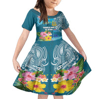 Personalised Tuvalu Independence Day Family Matching Short Sleeve Bodycon Dress and Hawaiian Shirt Tuvaluan Tribal Flag Style LT03 Daughter's Dress Turquoise - Polynesian Pride