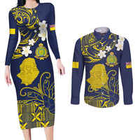 Niue Independence Day Couples Matching Long Sleeve Bodycon Dress and Long Sleeve Button Shirt Hiapo Pattern Fiti Pua and Uga LT03 Yellow - Polynesian Pride