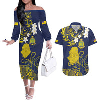Niue Independence Day Couples Matching Off The Shoulder Long Sleeve Dress and Hawaiian Shirt Hiapo Pattern Fiti Pua and Uga LT03 Yellow - Polynesian Pride