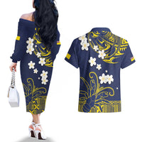 Niue Independence Day Couples Matching Off The Shoulder Long Sleeve Dress and Hawaiian Shirt Hiapo Pattern Fiti Pua and Uga LT03 - Polynesian Pride