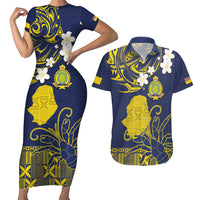 Niue Independence Day Couples Matching Short Sleeve Bodycon Dress and Hawaiian Shirt Hiapo Pattern Fiti Pua and Uga LT03 Yellow - Polynesian Pride