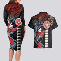 Hawaii and Japanese Together Couples Matching Long Sleeve Bodycon Dress and Hawaiian Shirt Koi Fish and Kakau Pattern LT03 - Polynesian Pride