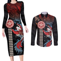 Hawaii and Japanese Together Couples Matching Long Sleeve Bodycon Dress and Long Sleeve Button Shirt Koi Fish and Kakau Pattern LT03 Black - Polynesian Pride