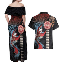 Hawaii and Japanese Together Couples Matching Off Shoulder Maxi Dress and Hawaiian Shirt Koi Fish and Kakau Pattern LT03 - Polynesian Pride