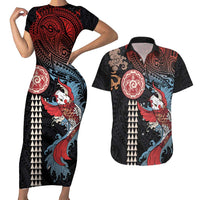 Hawaii and Japanese Together Couples Matching Short Sleeve Bodycon Dress and Hawaiian Shirt Koi Fish and Kakau Pattern LT03 Black - Polynesian Pride