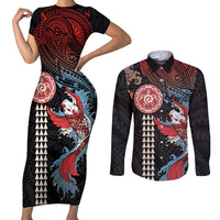 Hawaii and Japanese Together Couples Matching Short Sleeve Bodycon Dress and Long Sleeve Button Shirt Koi Fish and Kakau Pattern LT03 Black - Polynesian Pride