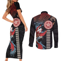 Hawaii and Japanese Together Couples Matching Short Sleeve Bodycon Dress and Long Sleeve Button Shirt Koi Fish and Kakau Pattern LT03 - Polynesian Pride
