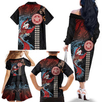 Hawaii and Japanese Together Family Matching Off The Shoulder Long Sleeve Dress and Hawaiian Shirt Koi Fish and Kakau Pattern