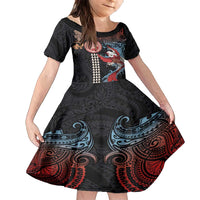 Hawaii and Japanese Together Family Matching Off Shoulder Maxi Dress and Hawaiian Shirt Koi Fish and Kakau Pattern LT03 Daughter's Dress Black - Polynesian Pride