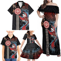 Hawaii and Japanese Together Family Matching Off Shoulder Maxi Dress and Hawaiian Shirt Koi Fish and Kakau Pattern LT03 - Polynesian Pride